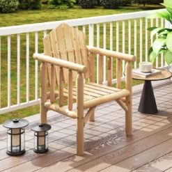 Outdoor-Holz-Armlehnsessel Holz-Patio-Essstuhl mit Armlehnen und geneigter hoher Rückenlehne Natur
