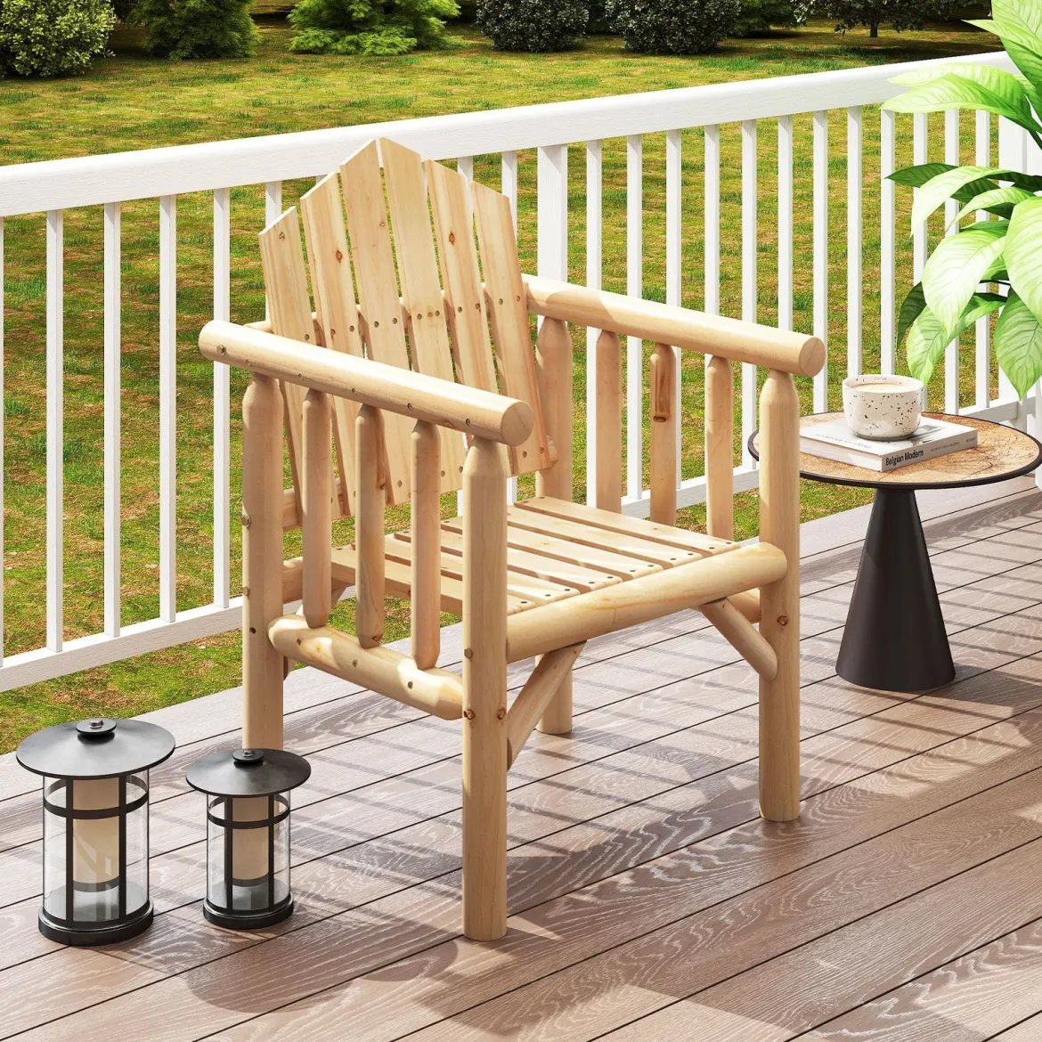 Outdoor-Holz-Armlehnsessel Holz-Patio-Essstuhl mit Armlehnen und geneigter hoher Rückenlehne Natur