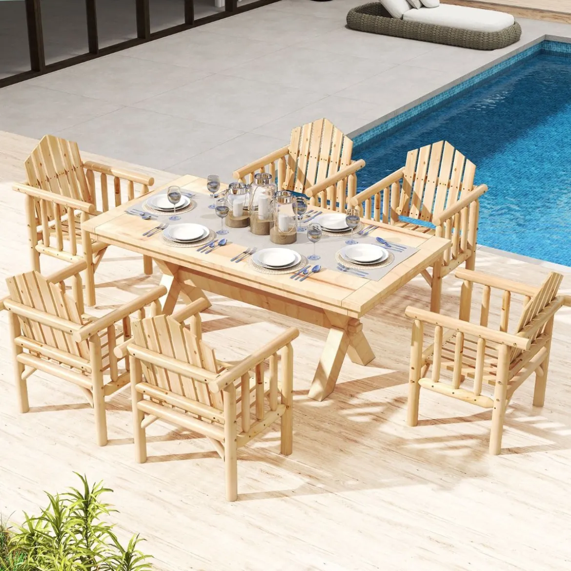 Outdoor-Holz-Armlehnsessel Holz-Patio-Essstuhl mit Armlehnen und geneigter hoher Rückenlehne Natur
