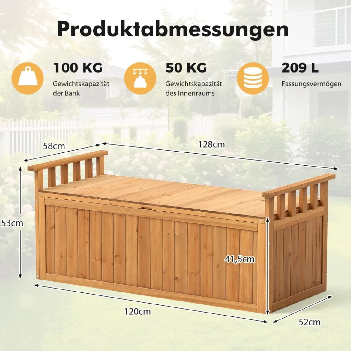 Outdoor Holz Aufbewahrungsbank mit Armlehnen & Deckel 2-Sitzer Bank mit Stauraum