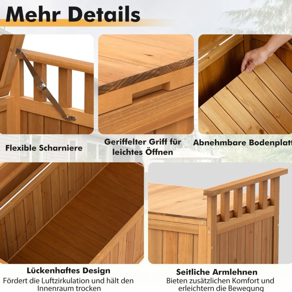 Outdoor Holz Aufbewahrungsbank mit Armlehnen & Deckel 2-Sitzer Bank mit Stauraum