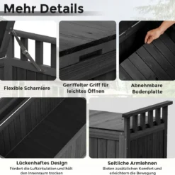 Outdoor Holz Aufbewahrungsbank mit Armlehnen & Deckel 2-Sitzer Bank mit Stauraum Schwarz