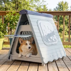 Outdoor Hundehütte mit Belüftete Fenster Klappbares Hundehaus aus Kunststoff Hundehöhle Blau