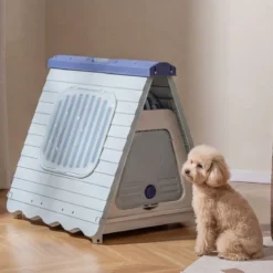 Outdoor Hundehütte mit Belüftete Fenster Klappbares Hundehaus aus Kunststoff Hundehöhle Blau