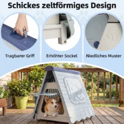 Outdoor Hundehütte mit Belüftete Fenster Klappbares Hundehaus aus Kunststoff Hundehöhle Blau
