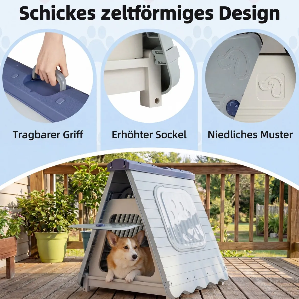 Outdoor Hundehütte mit Belüftete Fenster Klappbares Hundehaus aus Kunststoff Hundehöhle Blau