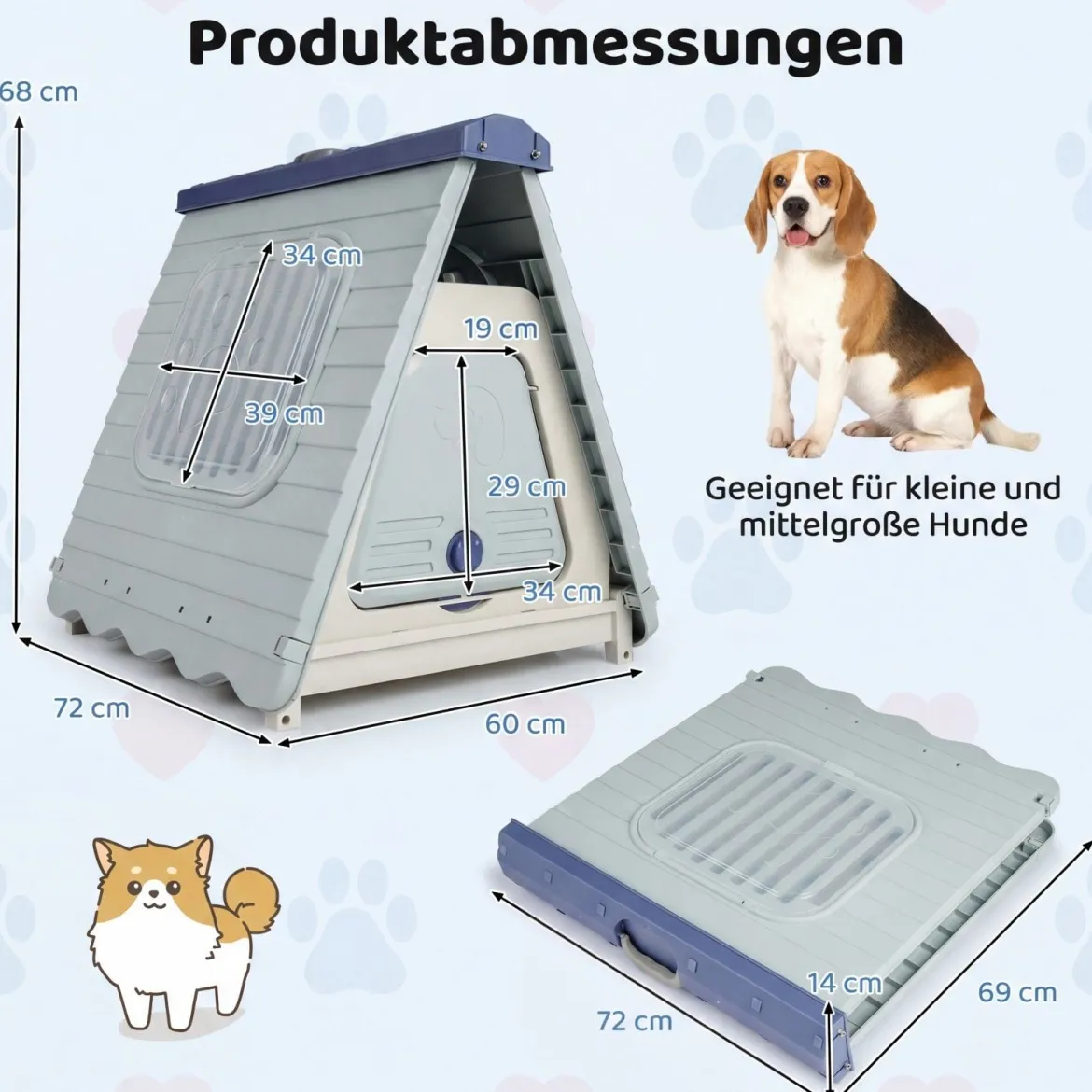 Outdoor Hundehütte mit Belüftete Fenster Klappbares Hundehaus aus Kunststoff Hundehöhle Blau