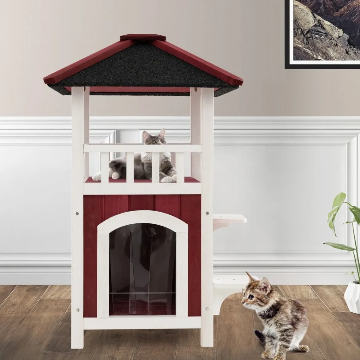 Outdoor Katzenhaus mit 2 Etagen & Terrasse & Asphaltdach & Vorhang Katzenhütte Rot