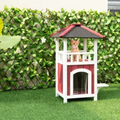 Outdoor Katzenhaus mit 2 Etagen & Terrasse & Asphaltdach & Vorhang Katzenhütte Rot