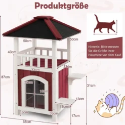 Outdoor Katzenhaus mit 2 Etagen & Terrasse & Asphaltdach & Vorhang Katzenhütte Rot