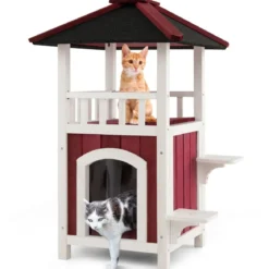 Outdoor Katzenhaus mit 2 Etagen & Terrasse & Asphaltdach & Vorhang Katzenhütte Rot