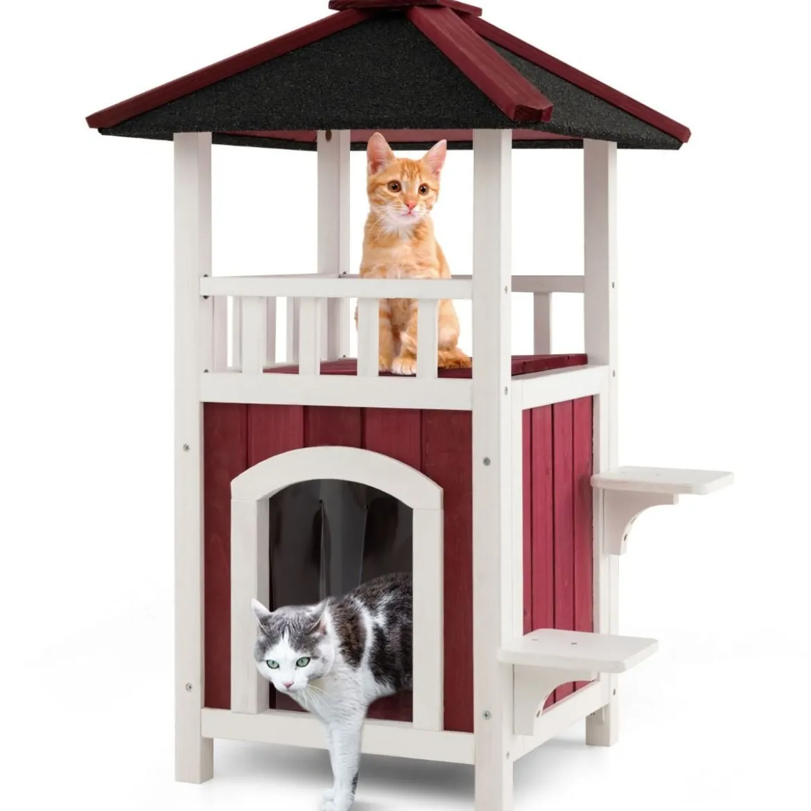 Outdoor Katzenhaus mit 2 Etagen & Terrasse & Asphaltdach & Vorhang Katzenhütte Rot