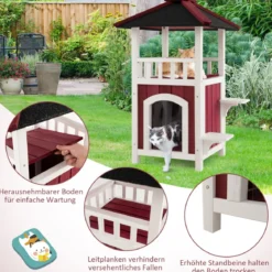 Outdoor Katzenhaus mit 2 Etagen & Terrasse & Asphaltdach & Vorhang Katzenhütte Rot