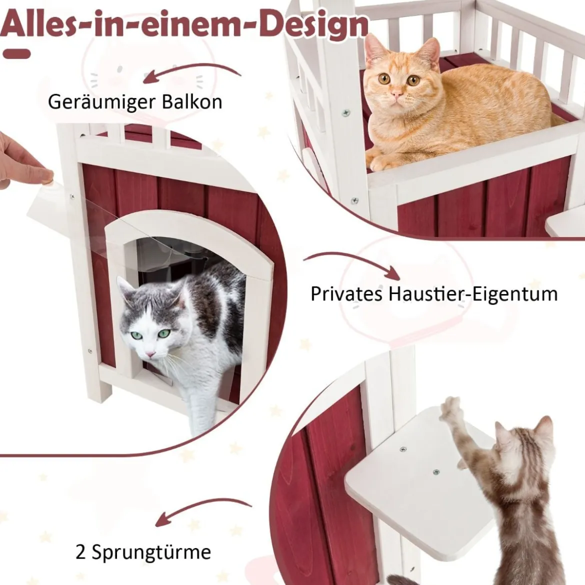 Outdoor Katzenhaus mit 2 Etagen & Terrasse & Asphaltdach & Vorhang Katzenhütte Rot