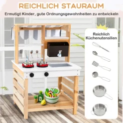 Outdoor Kinder Matschküche mit Wasserfunktion Kinderküche Doppelseitige Spielküche Natur