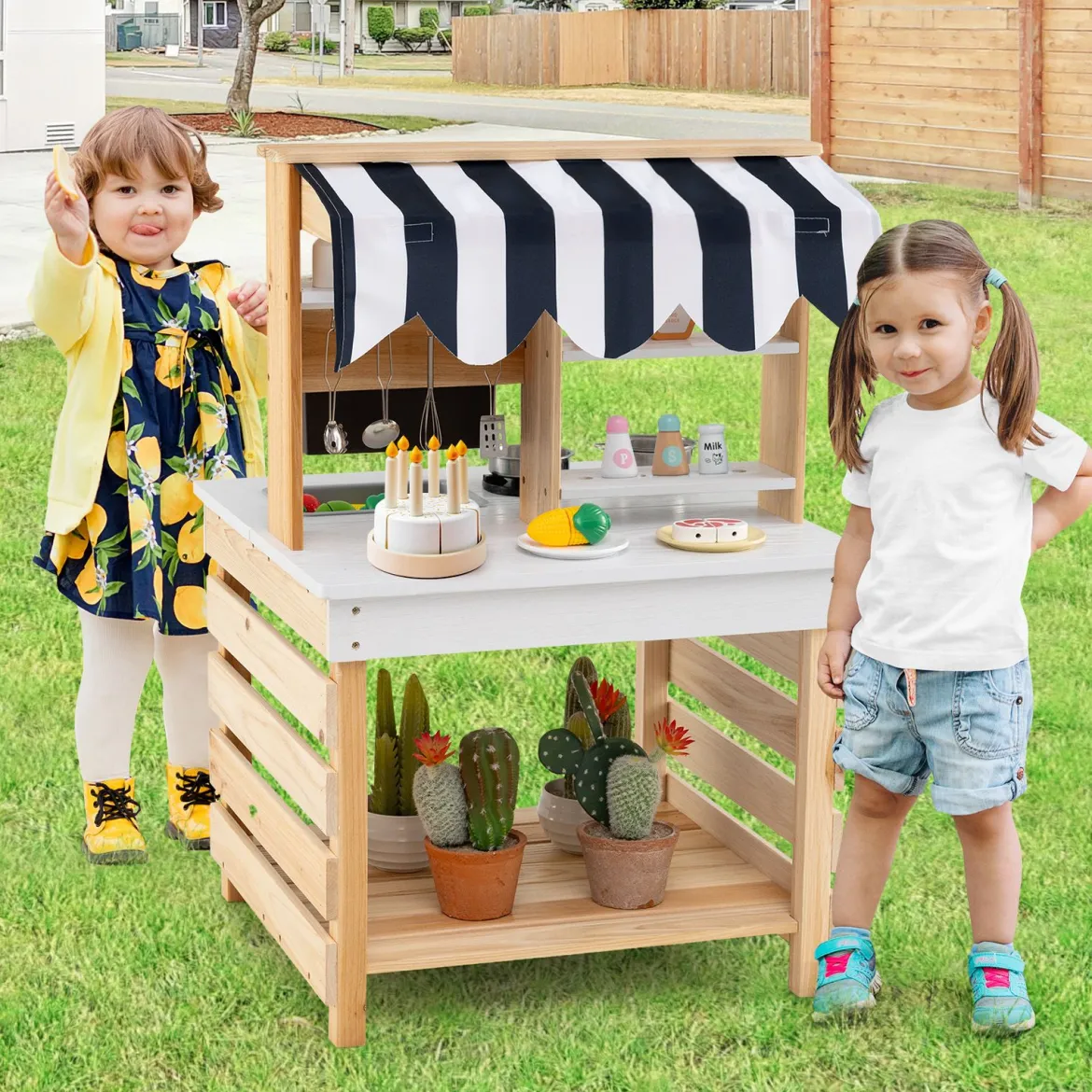Outdoor Kinder Matschküche mit Wasserfunktion Kinderküche Doppelseitige Spielküche Natur