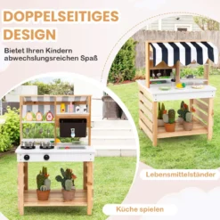 Outdoor Kinder Matschküche mit Wasserfunktion Kinderküche Doppelseitige Spielküche Natur