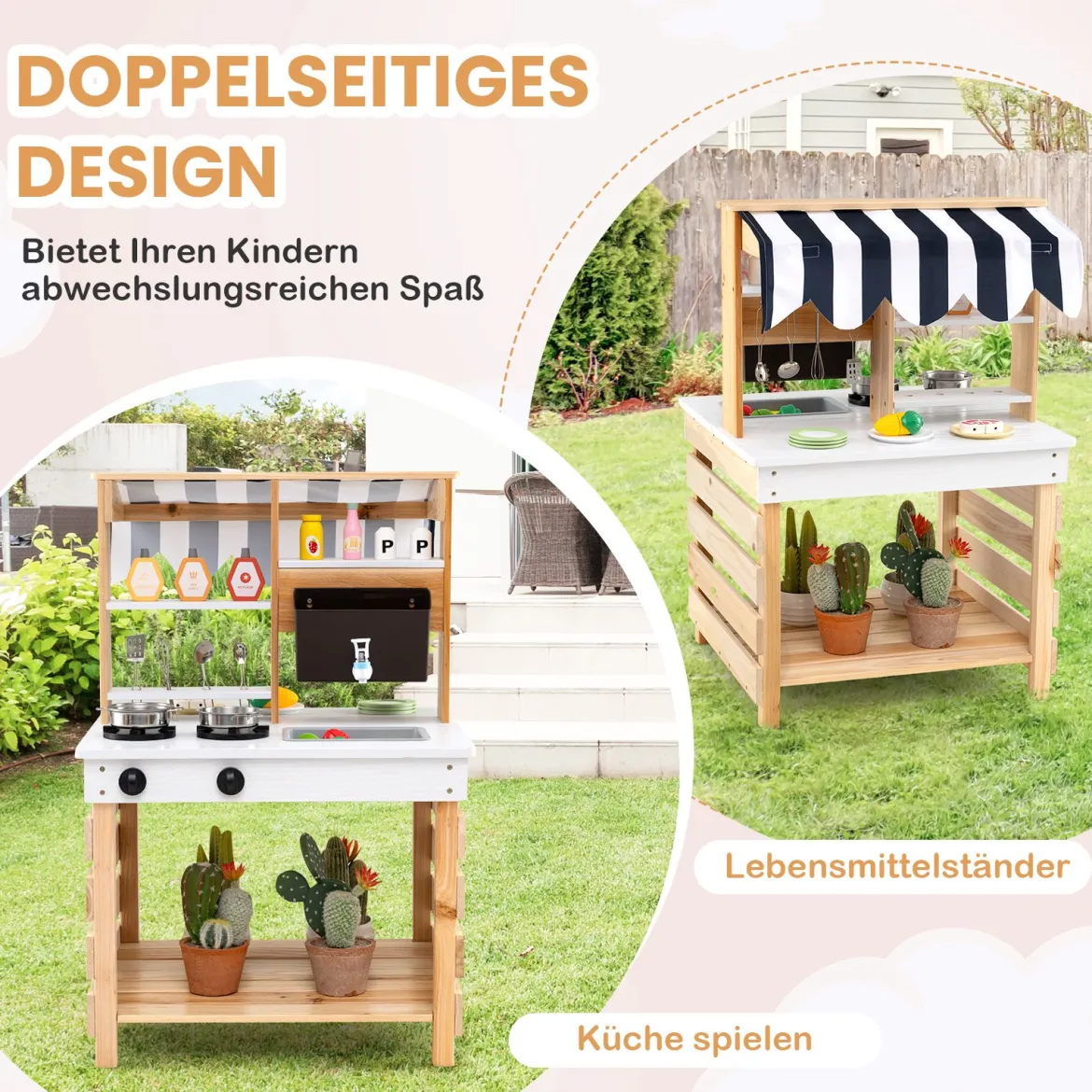 Outdoor Kinder Matschküche mit Wasserfunktion Kinderküche Doppelseitige Spielküche Natur