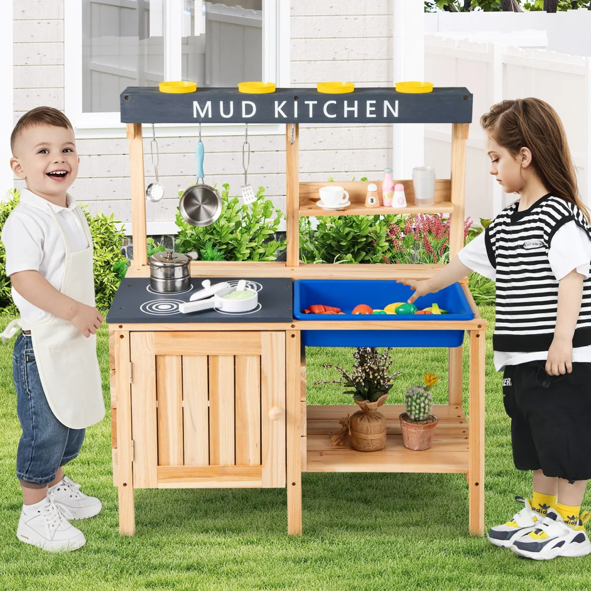 Outdoor Kinder Matschküche mit Abnehmbarem Waschbecken & Zubehör Spielküche Kinderküche