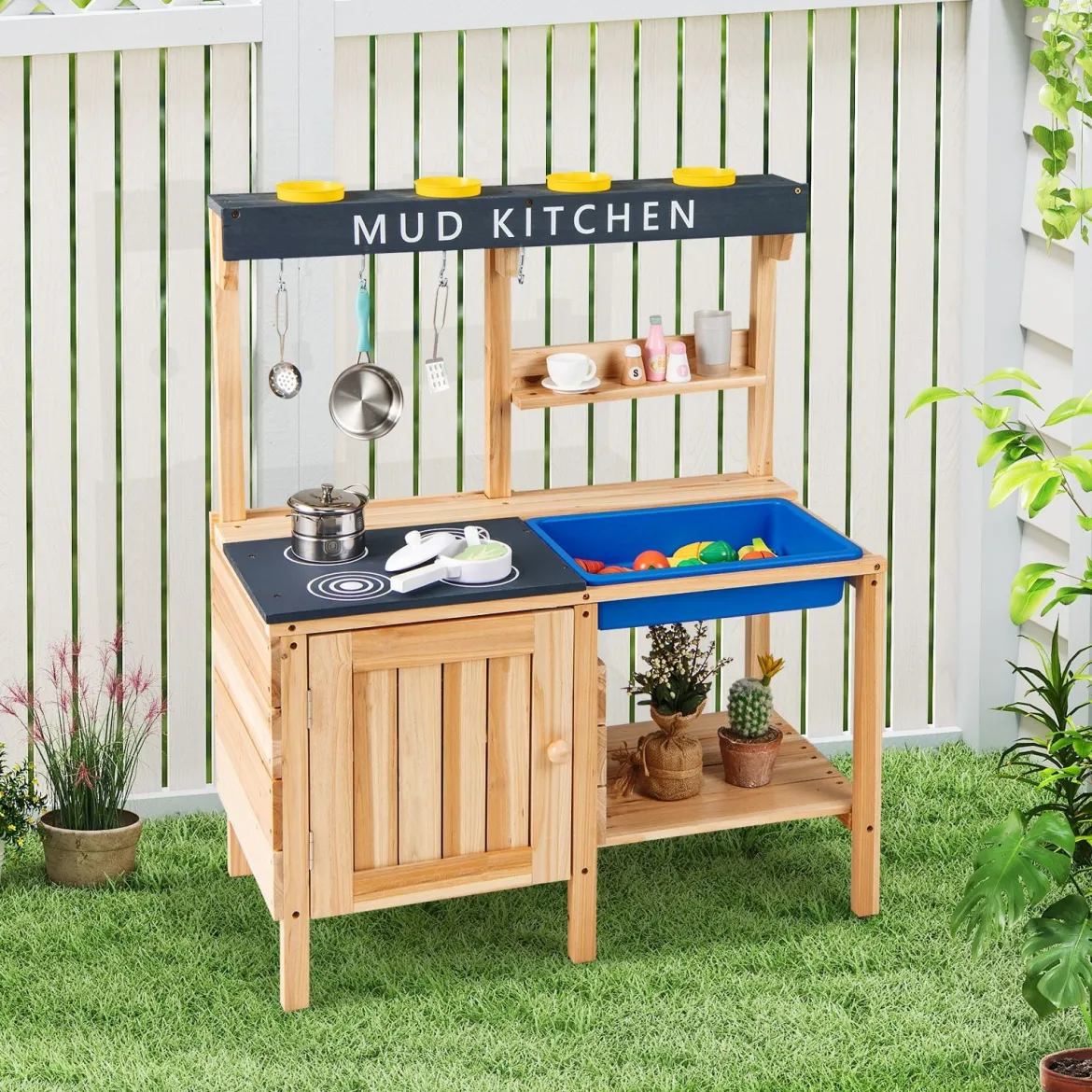 Outdoor Kinder Matschküche mit Abnehmbarem Waschbecken & Zubehör Spielküche Kinderküche