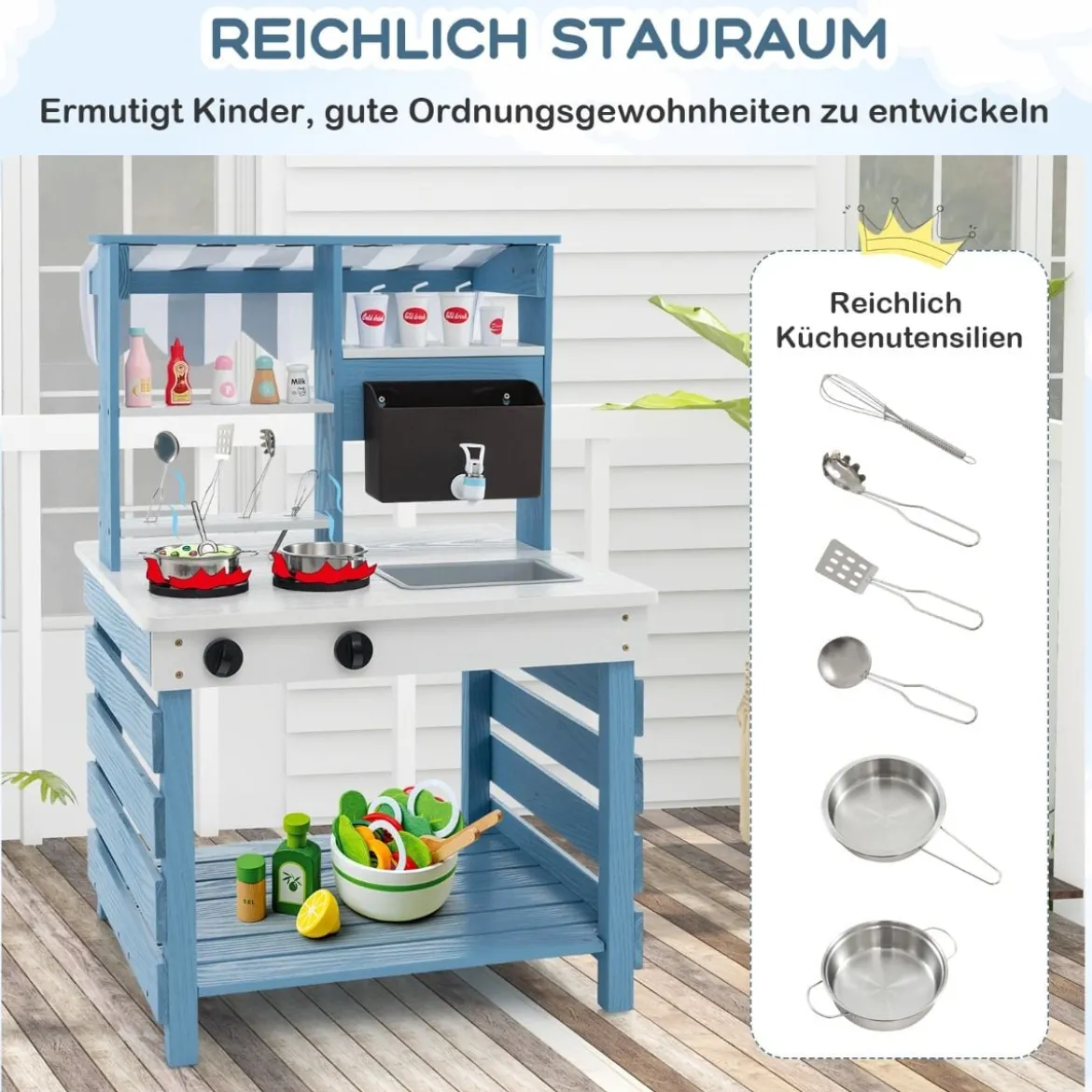 Outdoor Kinder Matschküche mit Wasserfunktion Tannenholz Kinderküche Doppelseitige Spielküche