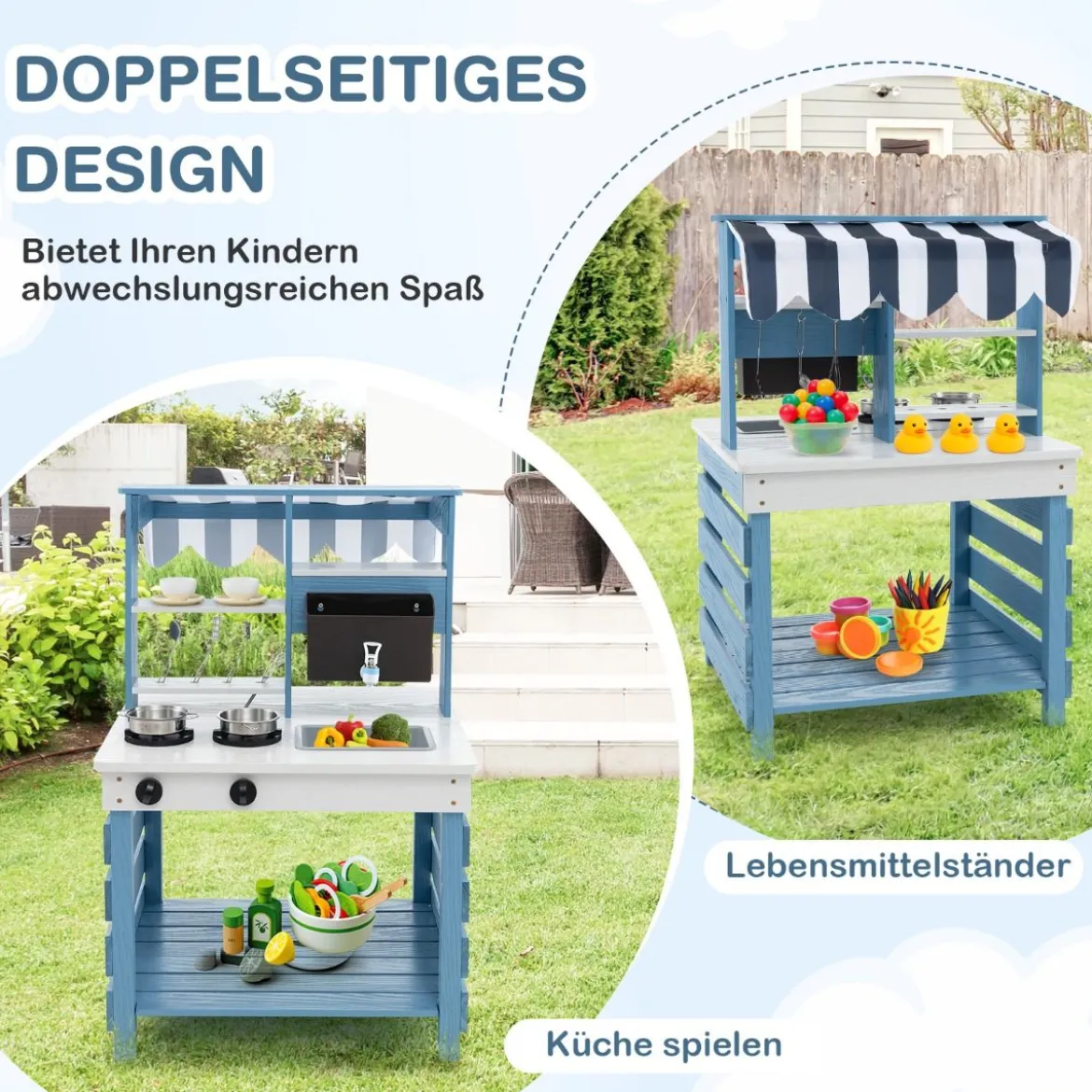 Outdoor Kinder Matschküche mit Wasserfunktion Tannenholz Kinderküche Doppelseitige Spielküche