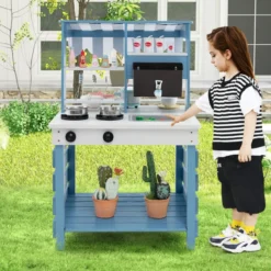 Outdoor Kinder Matschküche mit Wasserfunktion Tannenholz Kinderküche Doppelseitige Spielküche