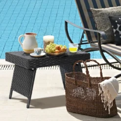 Outdoor Klappbarer Beistelltisch Polyrattan Gartentisch Wetterfester Balkontisch Kaffeetisch Schwarz