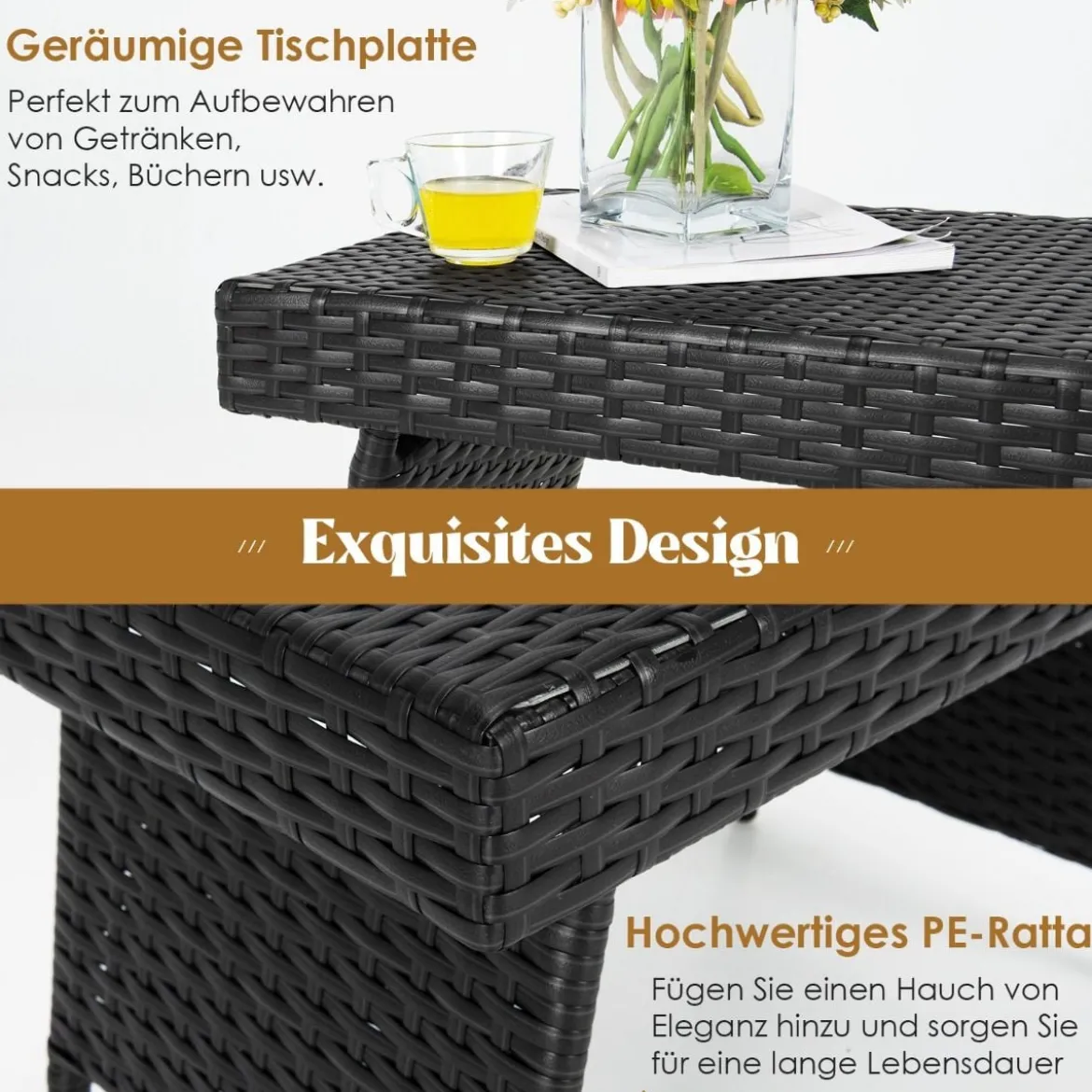 Outdoor Klappbarer Beistelltisch Polyrattan Gartentisch Wetterfester Balkontisch Kaffeetisch Schwarz