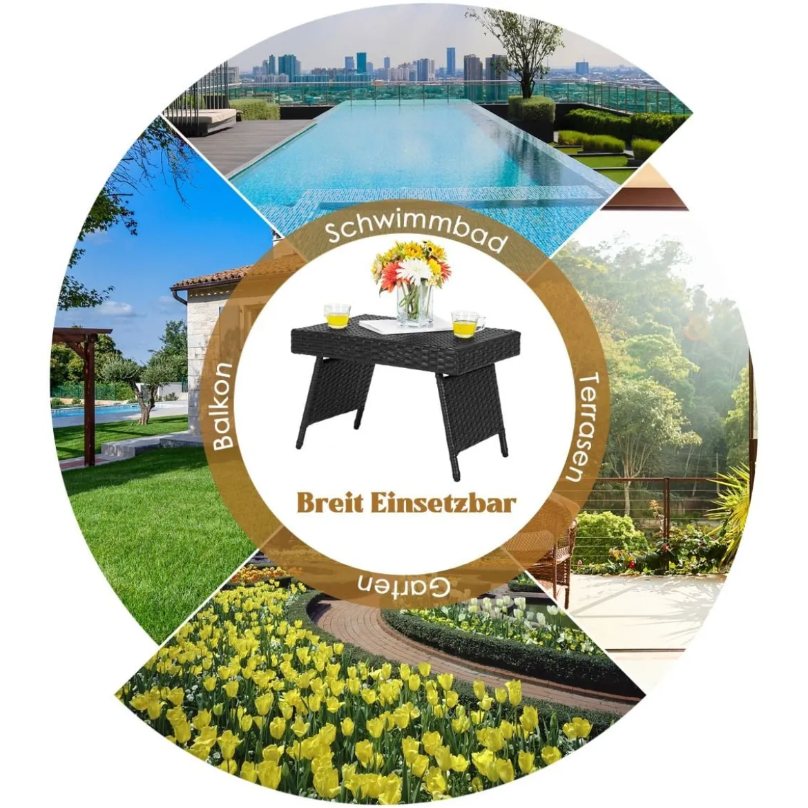 Outdoor Klappbarer Beistelltisch Polyrattan Gartentisch Wetterfester Balkontisch Kaffeetisch Schwarz