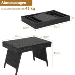 Outdoor Klappbarer Beistelltisch Polyrattan Gartentisch Wetterfester Balkontisch Kaffeetisch Schwarz