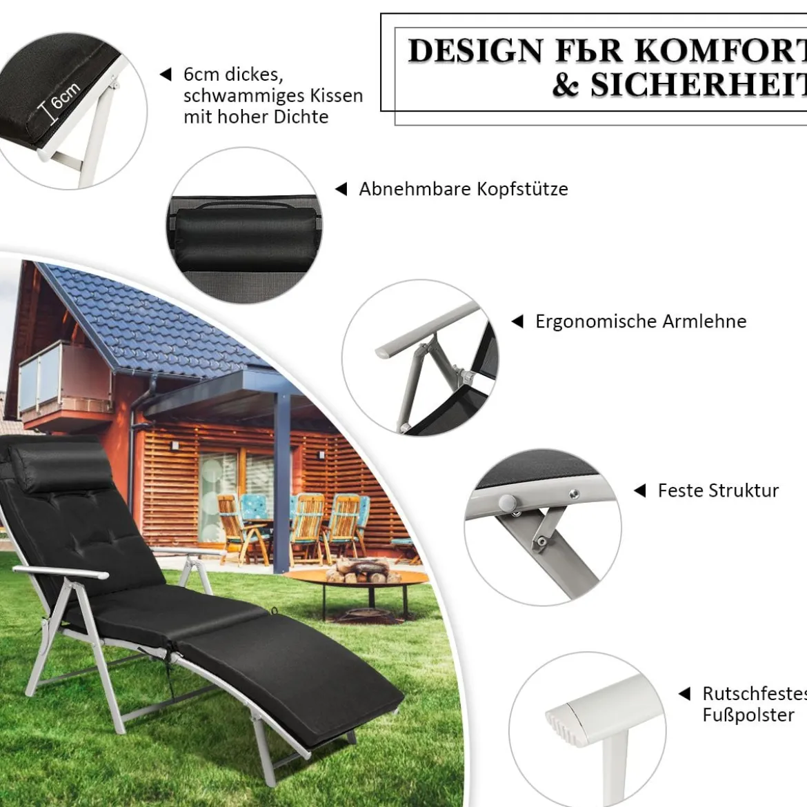 Outdoor Klappstuhl Loungesessel klappbar Liegestuhl einstellbar Gartenstuhl Schwarz