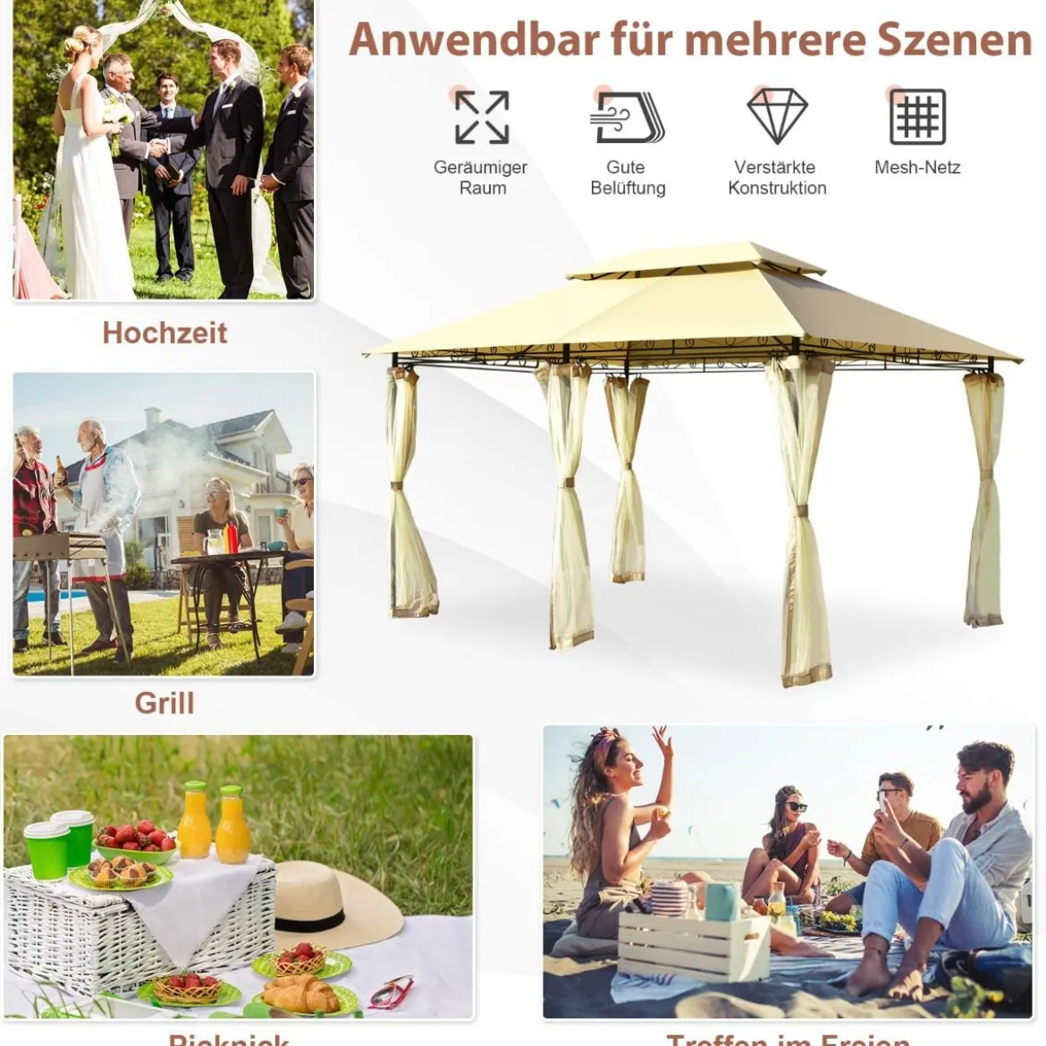 Outdoor-Pavillon mit abnehmbarer Netz-Seitenwand & Dächern 3,9 x 2,9 x 2,7 m Beige
