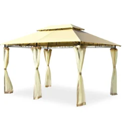 Outdoor-Pavillon mit abnehmbarer Netz-Seitenwand & Dächern 3,9 x 2,9 x 2,7 m Beige