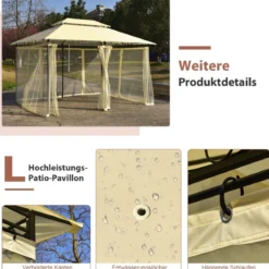 Outdoor-Pavillon mit abnehmbarer Netz-Seitenwand & Dächern 3,9 x 2,9 x 2,7 m Beige