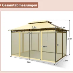 Outdoor-Pavillon mit abnehmbarer Netz-Seitenwand & Dächern 3,9 x 2,9 x 2,7 m Beige