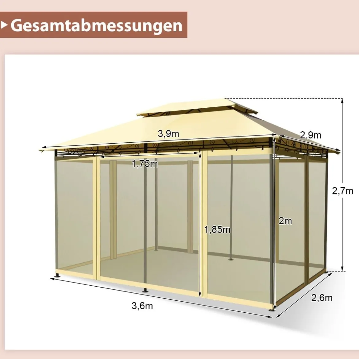 Outdoor-Pavillon mit abnehmbarer Netz-Seitenwand & Dächern 3,9 x 2,9 x 2,7 m Beige