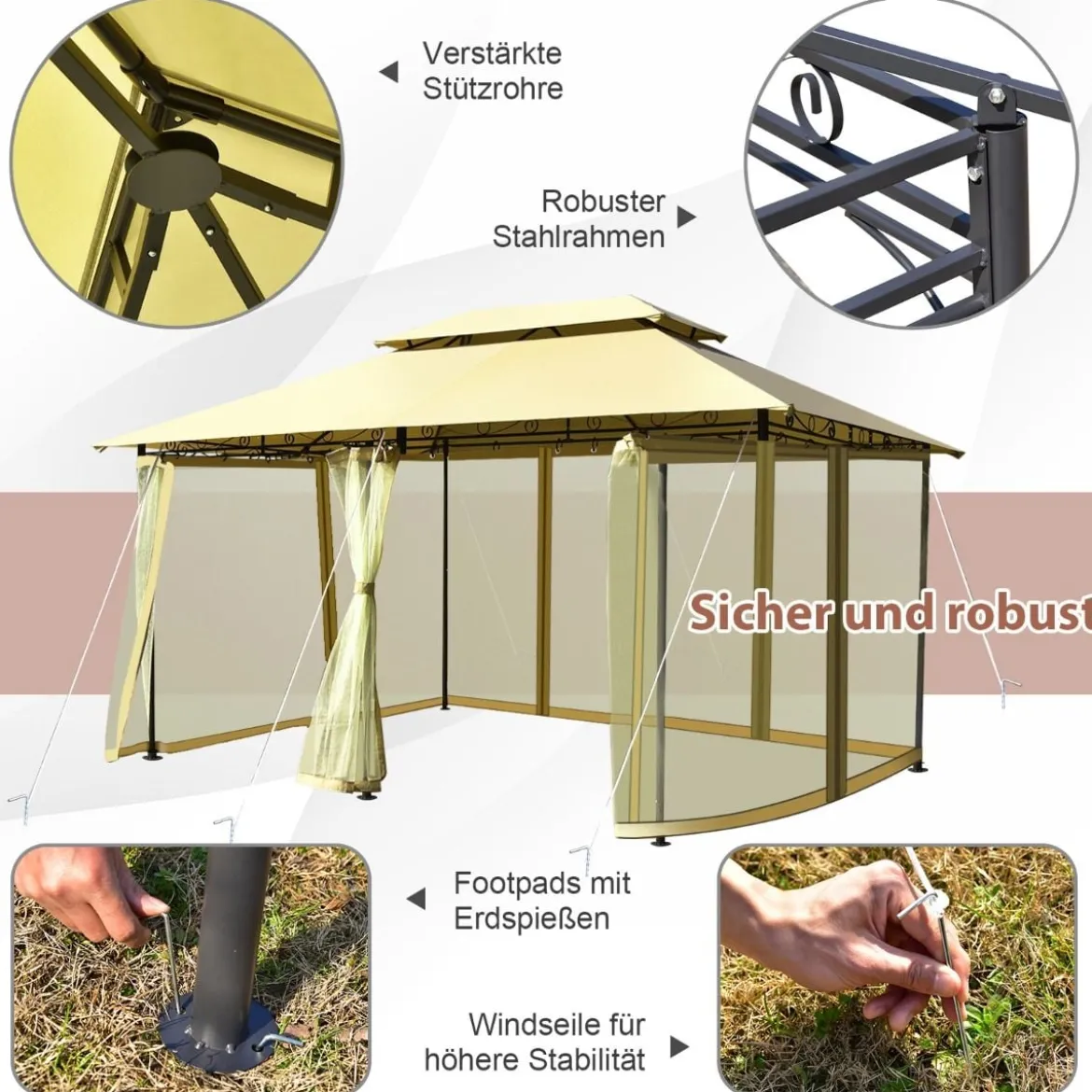 Outdoor-Pavillon mit abnehmbarer Netz-Seitenwand & Dächern 3,9 x 2,9 x 2,7 m Beige