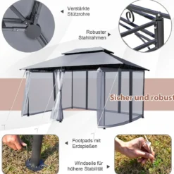 Outdoor-Pavillon mit abnehmbarer Netz-Seitenwand & Dächern 3,9 x 2,9 x 2,7 m Grau