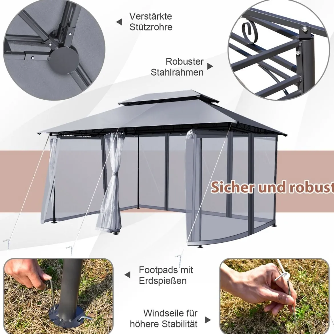 Outdoor-Pavillon mit abnehmbarer Netz-Seitenwand & Dächern 3,9 x 2,9 x 2,7 m Grau