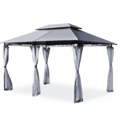 Outdoor-Pavillon mit abnehmbarer Netz-Seitenwand & Dächern 3,9 x 2,9 x 2,7 m Grau