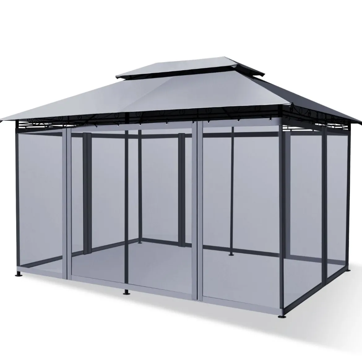 Outdoor-Pavillon mit abnehmbarer Netz-Seitenwand & Dächern 3,9 x 2,9 x 2,7 m Grau