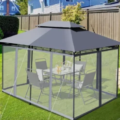 Outdoor-Pavillon mit abnehmbarer Netz-Seitenwand & Dächern 3,9 x 2,9 x 2,7 m Grau