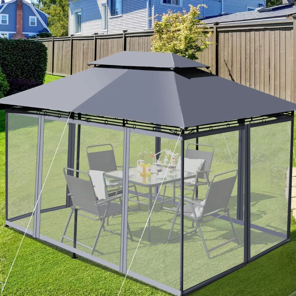 Outdoor-Pavillon mit abnehmbarer Netz-Seitenwand & Dächern 3,9 x 2,9 x 2,7 m Grau