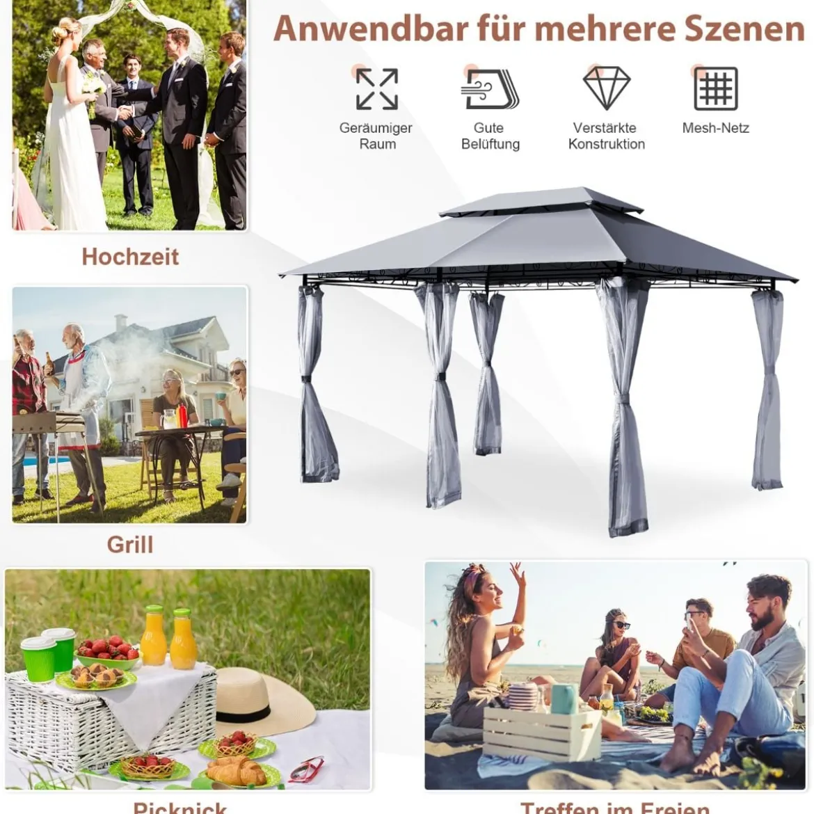 Outdoor-Pavillon mit abnehmbarer Netz-Seitenwand & Dächern 3,9 x 2,9 x 2,7 m Grau