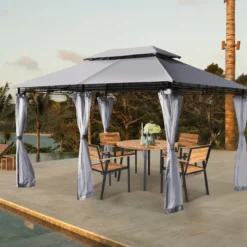 Outdoor-Pavillon mit abnehmbarer Netz-Seitenwand & Dächern 3,9 x 2,9 x 2,7 m Grau