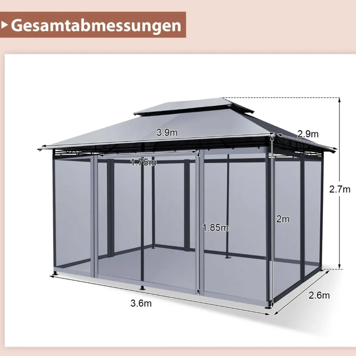 Outdoor-Pavillon mit abnehmbarer Netz-Seitenwand & Dächern 3,9 x 2,9 x 2,7 m Grau
