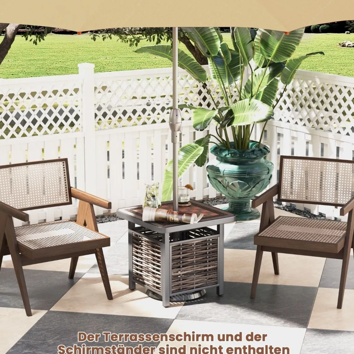 Outdoor PE Rattan Gartentisch mit Harz-Tischplatte & Sonnenschirmloch Couchtisch für Garten