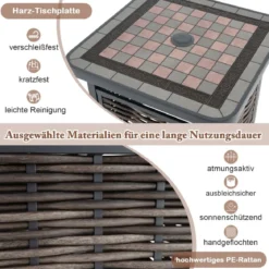 Outdoor PE Rattan Gartentisch mit Harz-Tischplatte & Sonnenschirmloch Couchtisch für Garten