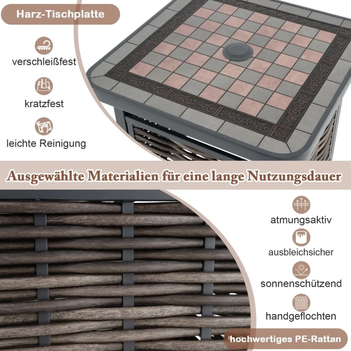 Outdoor PE Rattan Gartentisch mit Harz-Tischplatte & Sonnenschirmloch Couchtisch für Garten